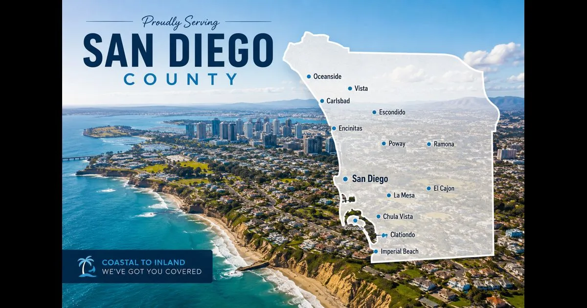 San Diego County service area map over an aerial view of the Southern California coastline